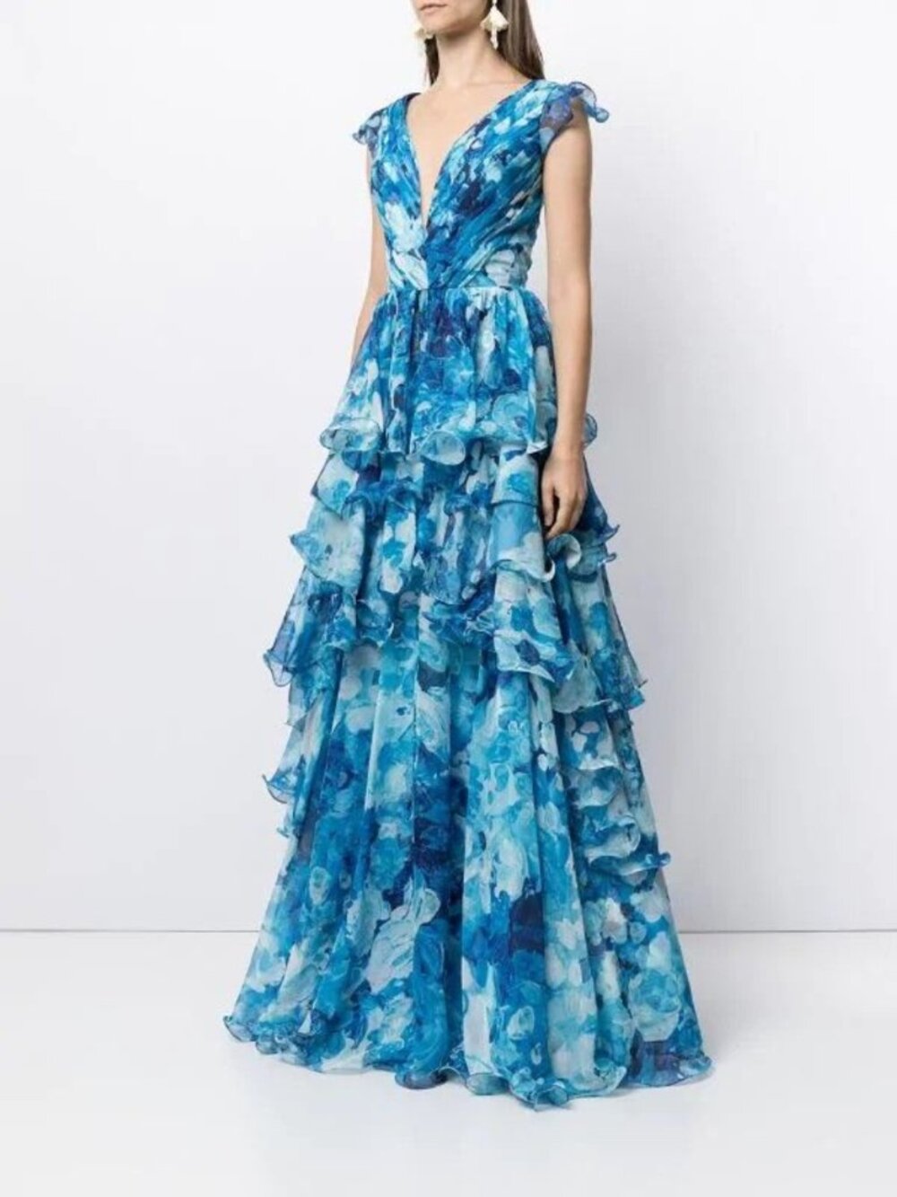 Marchesa Notte Watercolor Tiered Chiffon Gown Blue Floral Size 6